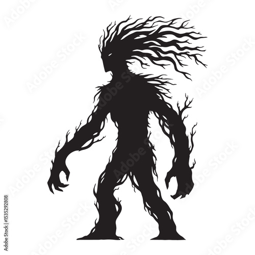 Darkened Ent Living Forest Depiction Outline, Looking Like Part of the Woods - ent silhouette - ent vector - silhouette of ent - Ent illustration

