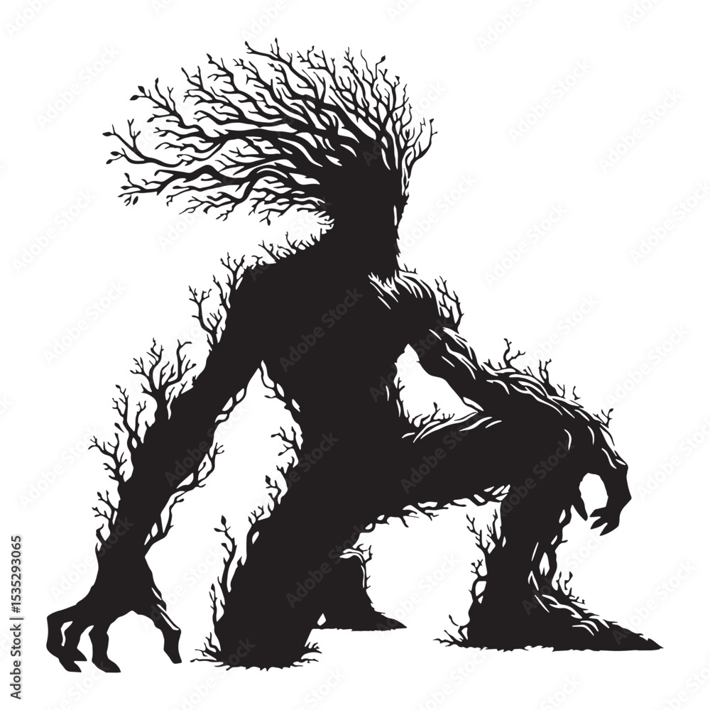 Fototapeta premium Classic Scary Ent Walking Tree Depiction Graphic, with a Mossy Look and Deep Eyes - ent silhouette - ent vector - silhouette of ent - Ent illustration 