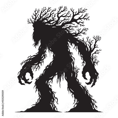 Powerful Ent Mythical Forest Being Outline Vector, Showing Its Huge Body and Branch Arms - ent silhouette - ent vector - silhouette of ent
