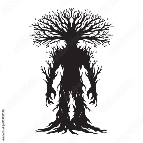 Massive Dark Ent Ancient Tree Giant Silhouette Outline, Standing Tall and Strong - ent silhouette - ent vector - silhouette of ent - Ent illustration
