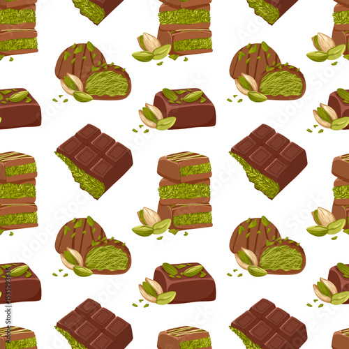 Dark and milk chocolate truffles with pistachio nuts topping. Vector cartoon seamless pattern of sweet trendy Dubai candy bar for packaging, dessert visuals, textile, wrapping, menu background