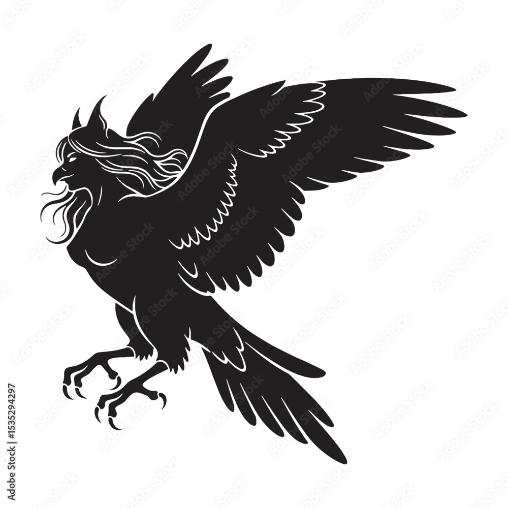 Obraz premium Eerie Dark Harpy Bird-Woman Shape Illustration, Standing Still and Threatening - harpy silhouette - harpy vector - silhouette of harpy 