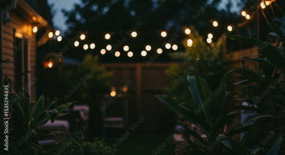 Naklejka premium Cozy backyard evening with string lights and plants creating a warm ambiance