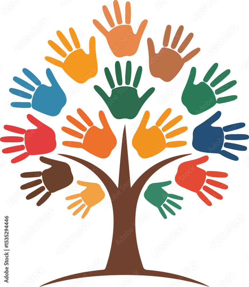 Fototapeta premium Handprint Tree a tree formed with colorful handprints, each bearing unique hues