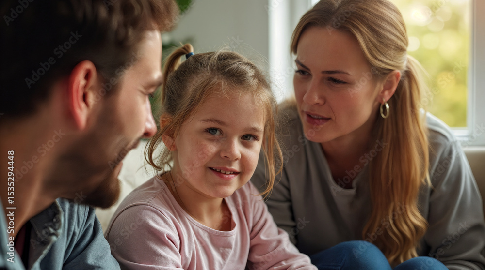 Young girl smiling while sitting with parents at home indoors Young girl smiling while sitting with parents at home indoors