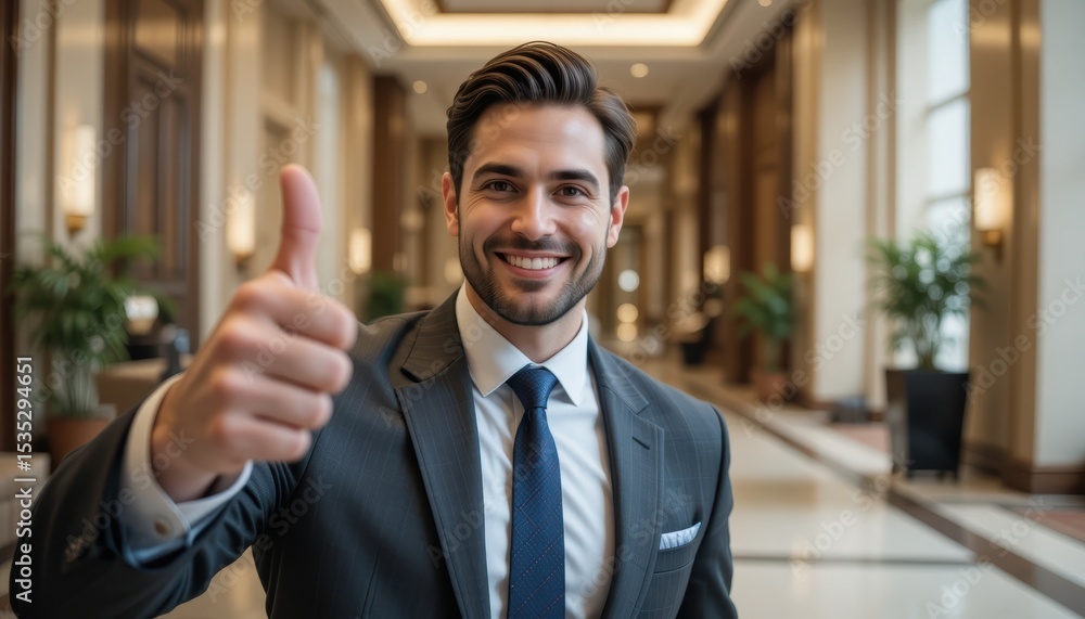 Confident businessman giving a thumbs up in a modern office environment showcasing positivity and professionalism Confident businessman giving a thumbs up in a modern office environment showcasing positivity and professionalism