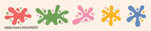 Blot shapes set, colorful splashes collection with uneven fluid rounded wavy edge. Paint spots, blots, puddles, stains with drops, blobs. Liquid watery graphic design elements, text backgrounds set.