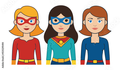 Vector Illustration in Flat Style of Three Casual Women Adorned with Superhero Masks, Cloaks, and Bracelets, Isolated on Background