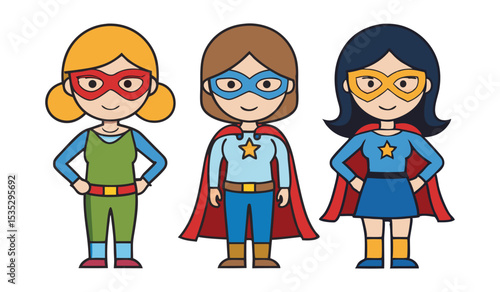 Vector Illustration in Flat Style of Three Ordinary Ladies in Casual Wear with Superhero Masks, Cloaks, and Bracelets, Isolated on Background