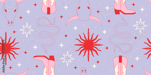Cowgirl Stickers Seamless Pattern Background. Vector Design Elements. Wild West, Western Themed, Y2K.