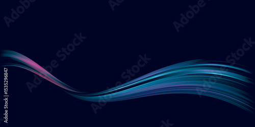 Abstract pink and blue neon light dynamic wave motion on dark blue background graphic illustration have blank space.