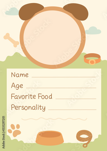 Cute dog info card template with soft cartoon design. Fields for name, age, favorite food, personality.