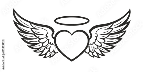 Heart with angel wings and halo: A romantic, graphic illustration showcases a heart adorned with angel wings and a halo. This stylized image evokes love, protection, and divine guardianship