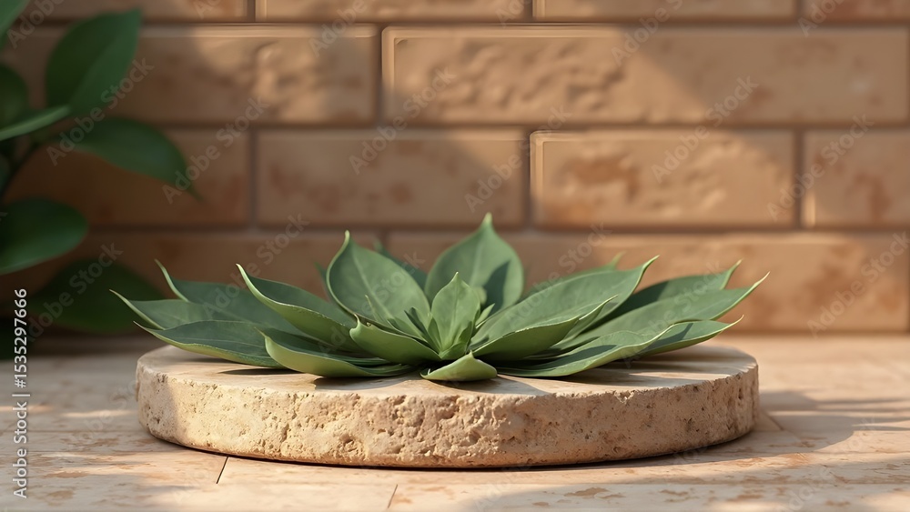 Obraz premium Serene Succulent on Beige Terracotta Circular Stone Display