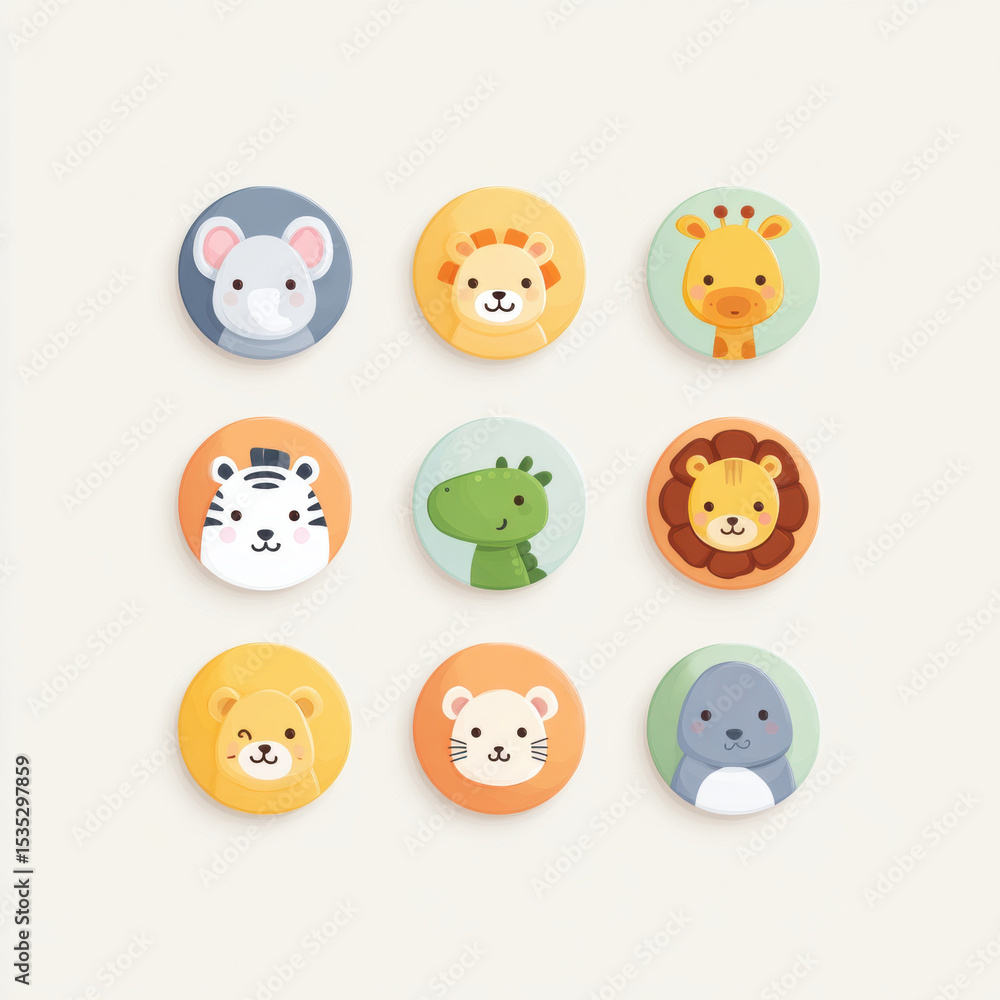 Cute animal face buttons with mouse lion giraffe zebra dinosaur seal and bear arranged in grid on light background playful and cheerful design Cute animal face buttons with mouse lion giraffe zebra dinosaur seal and bear arranged in grid on light background playful and cheerful design