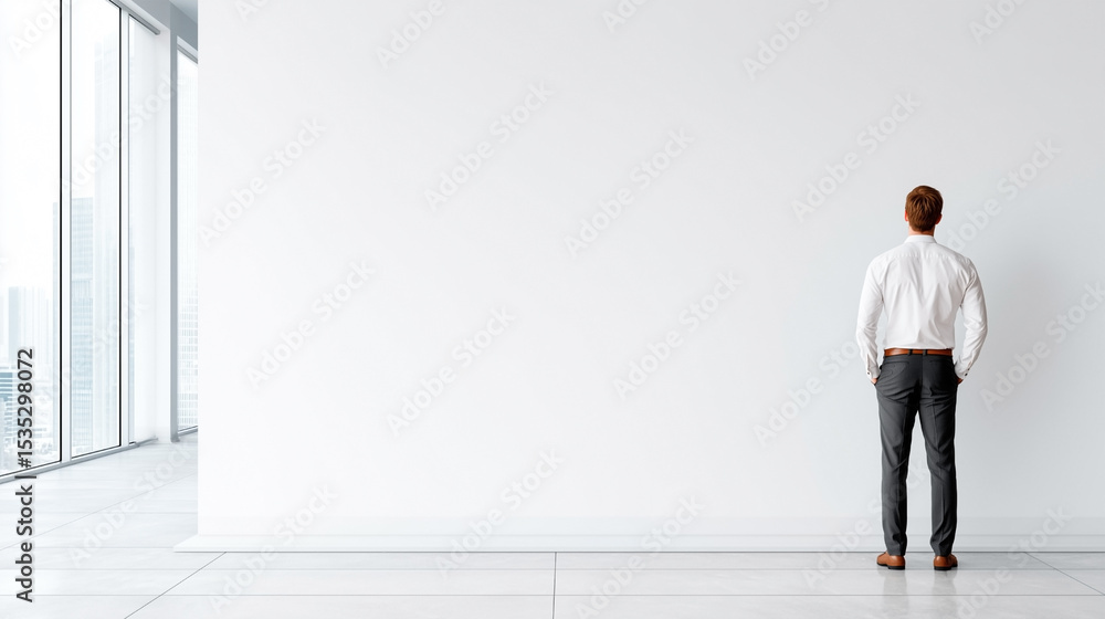 Obraz premium A man in a white shirt stands in front of a white wall