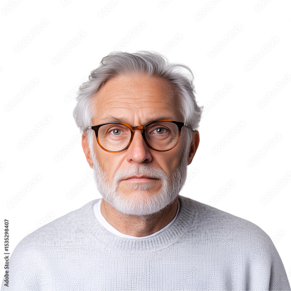 Obraz premium portrait of elderly man with gray hair, wearing a sweater and glasses isolated on a transparent background 