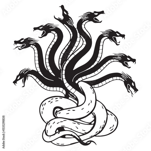 Darkened Hydra Sea Killer Depiction Outline, Looking Up from the Depths - hydra silhouette - hydra vector - silhouette of hydra - Hydra illustration
