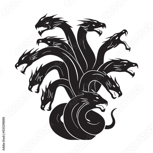 Ancient Hydra Legendary Sea Predator Form Vector, Showing Its Long, Deadly Body - hydra silhouette - hydra vector - silhouette of hydra - Hydra illustration
