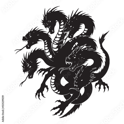 Terrifying Shadowy Hydra Water Monster with Many Necks Graphic Vector, Showing its Huge Size and Power - hydra silhouette - hydra vector - silhouette of hydra
