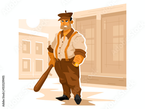 Gangster with a baseball bat. Bad boy in a cap. Vector graphics