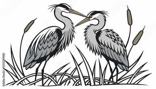 Mated pairs of great blue herons often reinforce their bond by displaying ruffled plume feathers and intimate postures towards each other.     