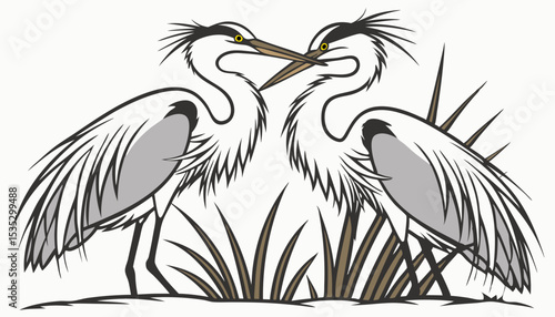Mated pairs of great blue herons often reinforce their bond by displaying ruffled plume feathers and intimate postures towards each other.     