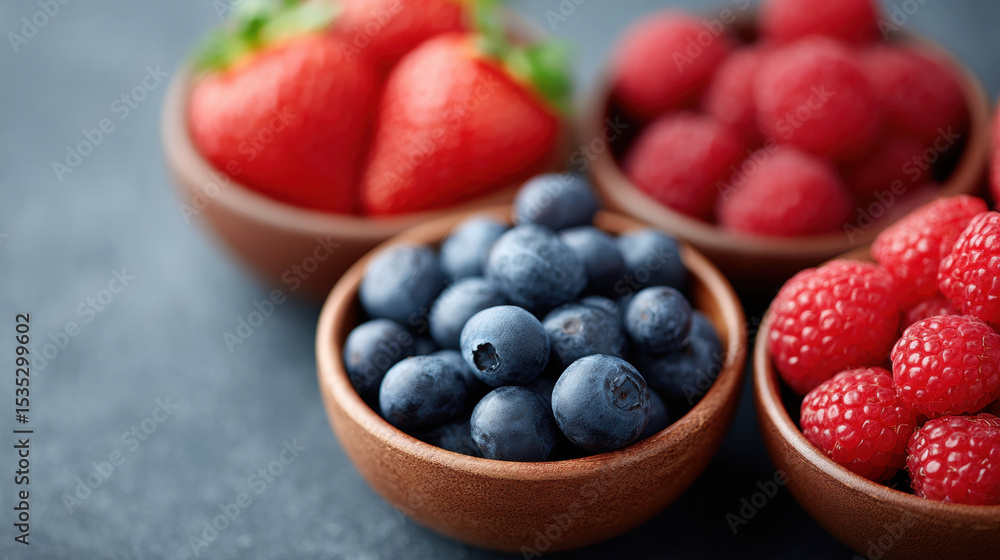 Fresh blueberry raspberry and strawberry in wooden bowls on dark background vibrant and healthy fruit assortment close up natural and organic summer harvest delicious and juicy Fresh blueberry raspberry and strawberry in wooden bowls on dark background vibrant and healthy fruit assortment close up natural and organic summer harvest delicious and juicy