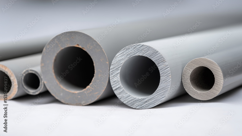 Fototapeta premium Grey pvc pipe of different sizes against a white background.