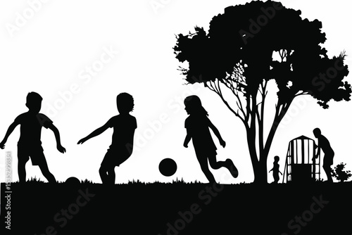 Silhouette of Children Playing Soccer Near a Tree and Playground.