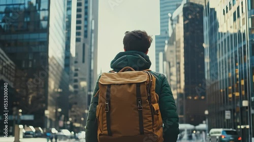 Urban Traveler Walking Among Skyscrapers