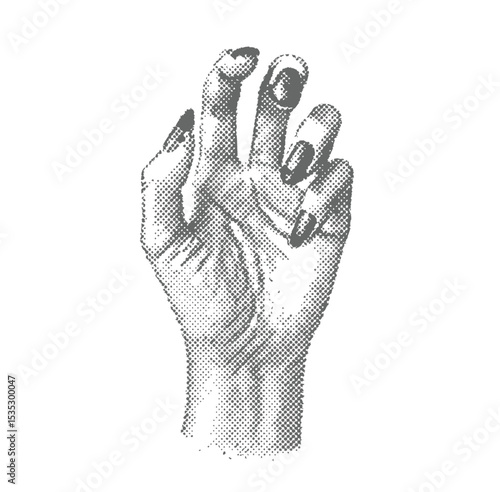A halftone-style illustration of Creepy Halloween zombie hand, vintage stipple photocopy effect, tattoo Creepy, Halloween, zombie, hand.