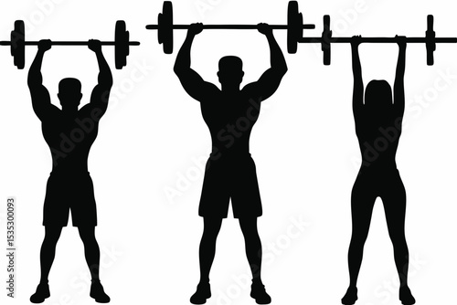 Silhouetted weightlifters: Two men and one woman lifting barbells overhead.