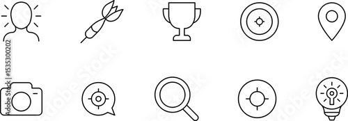 Focus, concentration icons collection. Goal, Target Line icon set. Line icons related to focus and concentration. Vector illustration
