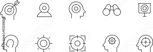 Focus, concentration icons collection. Goal, Target Line icon set. Line icons related to focus and concentration. Vector illustration