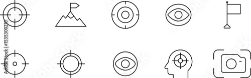 Focus, concentration icons collection. Goal, Target Line icon set. Line icons related to focus and concentration. Vector illustration
