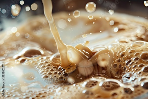premium quality picture of close up view of coffee mixing with milk in glass, panoramic shot