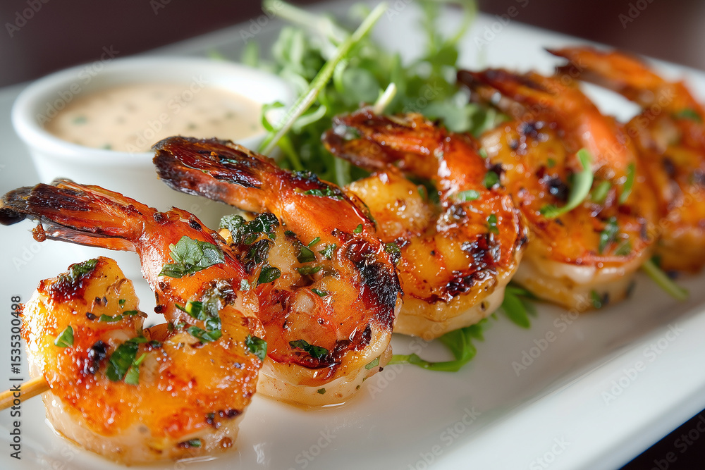 Close up of grilled prawns with vegetables. Seafood concept Close up of grilled prawns with vegetables. Seafood concept