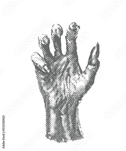 A halftone-style illustration of Creepy Halloween zombie hand, vintage stipple photocopy effect, tattoo Creepy, Halloween, zombie, hand.