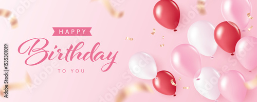 Happy birthday banner with balloons and confetti. illustration for banner, poster, flyer and advertisement.