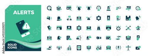 Alerts colorful solid icon set. Includes symbols for safety, aware, danger, attention, alert and more. Flat UI icons. Caution icon collection. Editable vector.