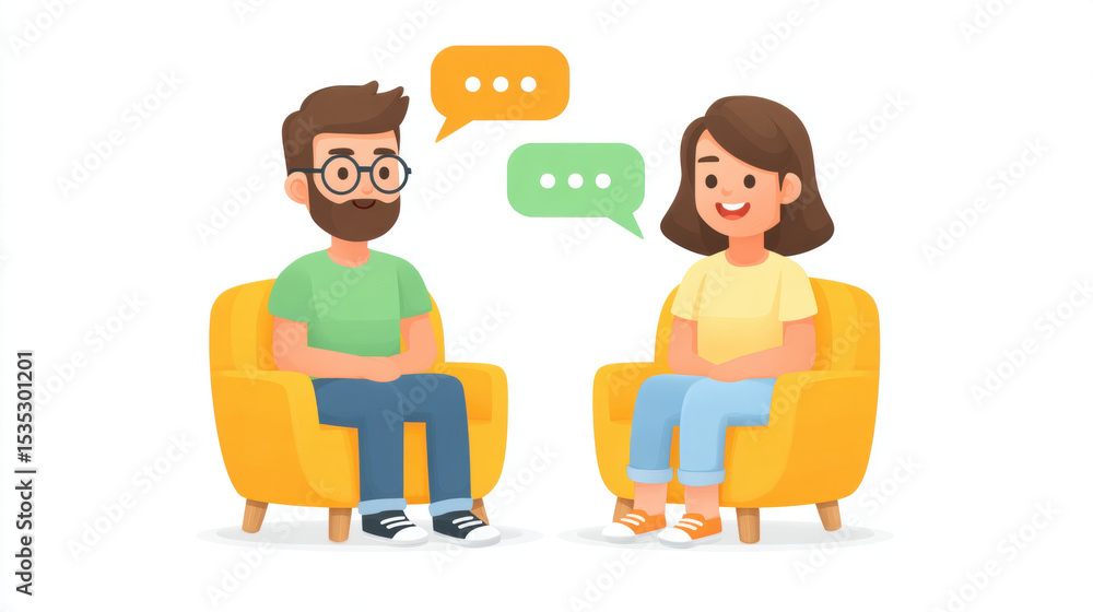 Obraz premium Two people sitting in yellow armchairs having friendly conversation, both smiling and relaxed, with speech bubbles above them indicating communication and positive feedback