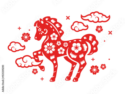 Chinese banner, Happy New Year 2026 poster. Red Horse logo silhouette icon, flower, asian clouds on white background. Vector illustration. Astrology China lunar calendar animal symbol. Place for text