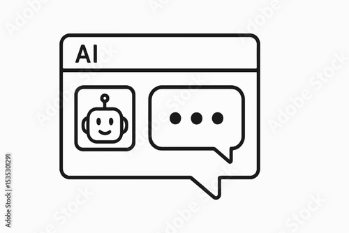 Artificial Intelligence Chatbot Communication Icon A minimalist illustration depicting a friendly robot face and a speech bubble with three dots representing AI powered conversation and