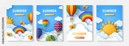 Summer poster set, paper cut clouds on blue sky, banner flyer, baby birthday card. Vector illustration. Place for text. Spring weekend vacation background. Sun, butterfly, hot air balloons, rainbow