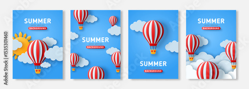 Red vintage hot air balloons poster set, paper cut clouds on blue sky. Cappadocia festival vacation tour banner flyer. Vector illustration. Place for text. Romantic journey weekend background.