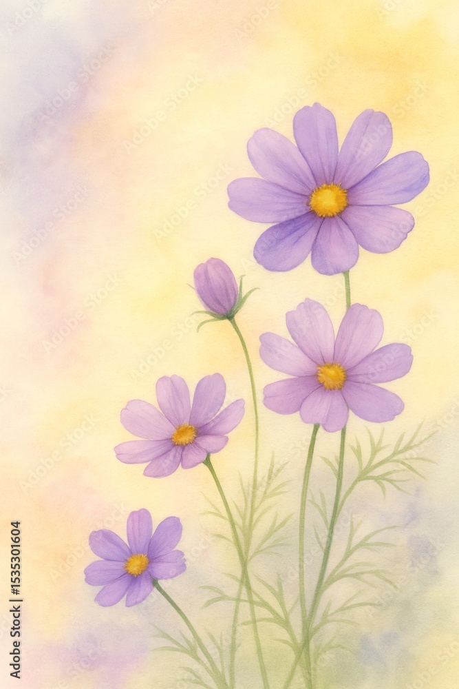 Fototapeta premium Delicate cosmos flowers in lavender tones on a soft pastel background. 