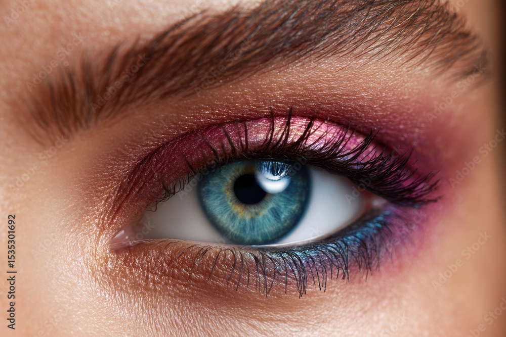 Stunning makeup showcasing vibrant colors around a captivating blue-green eye Stunning makeup showcasing vibrant colors around a captivating blue-green eye
