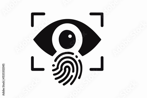 Biometric Identification Eye Scan and Fingerprint Recognition Technology for Enhanced Security and Access Control Represented by a Stylized Black and White Icon on a Clean