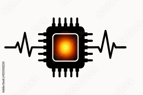 Digital Health A stylized graphic depicting a computer chip with a glowing center flanked by a heartbeat line symbolizing the intersection of technology and healthcare